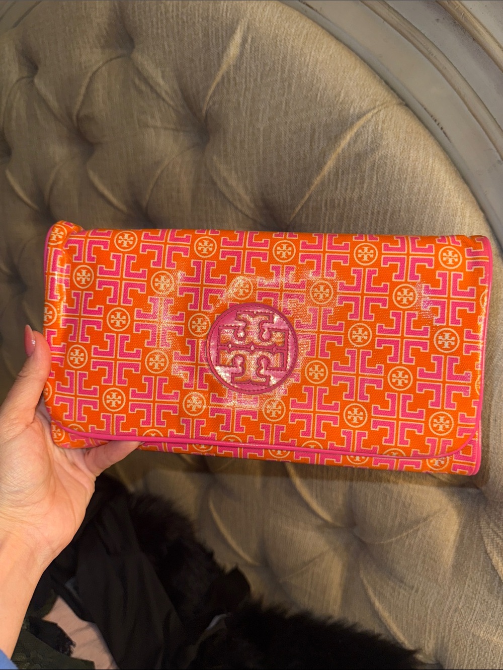 Tory Burch Pink and Orange Logo Jacquard Fold-Over Clutch